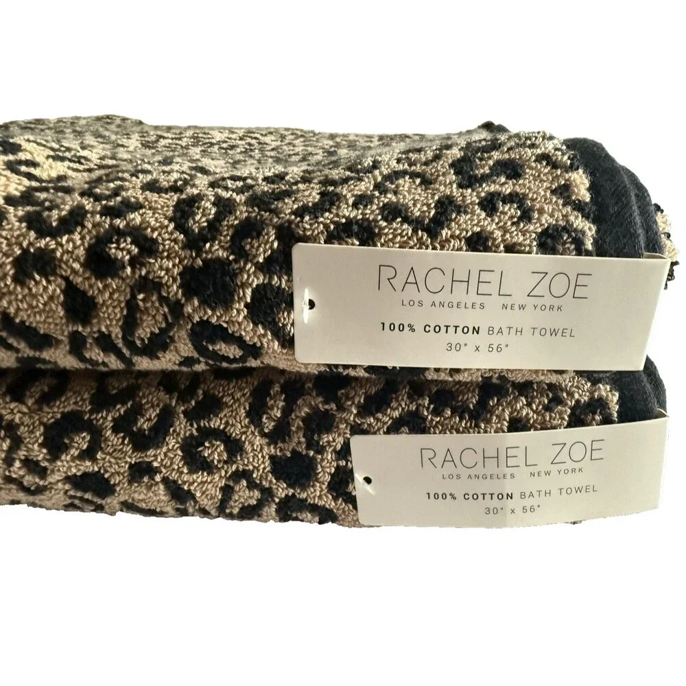 Rachel Zoe Leopard Print Bath Towels 100% Cotton 30x56 Set of 2 Black Brown